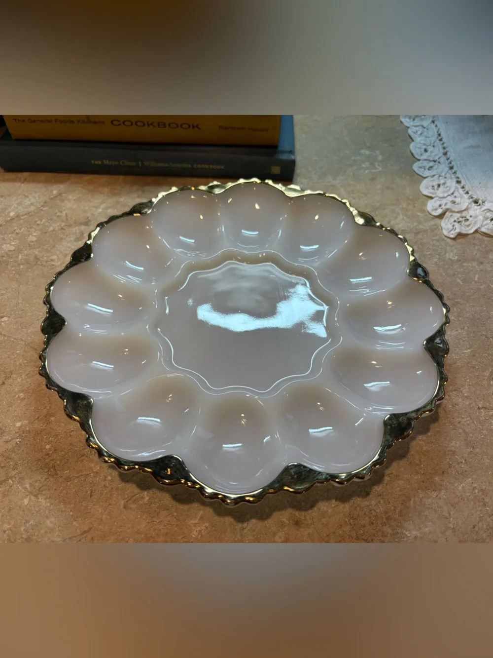 Vintage Milk Glass Gold Trim Deviled Egg Serving Platter